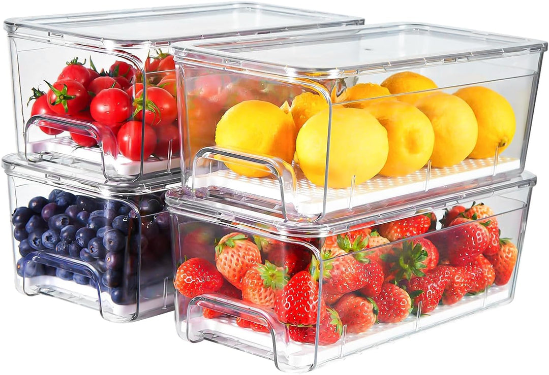 Antimbee 4er-Pack Kühlschrank Organizer Schublade, Stapelbare Organizer Kühlschrank mit Deckel, Aufb