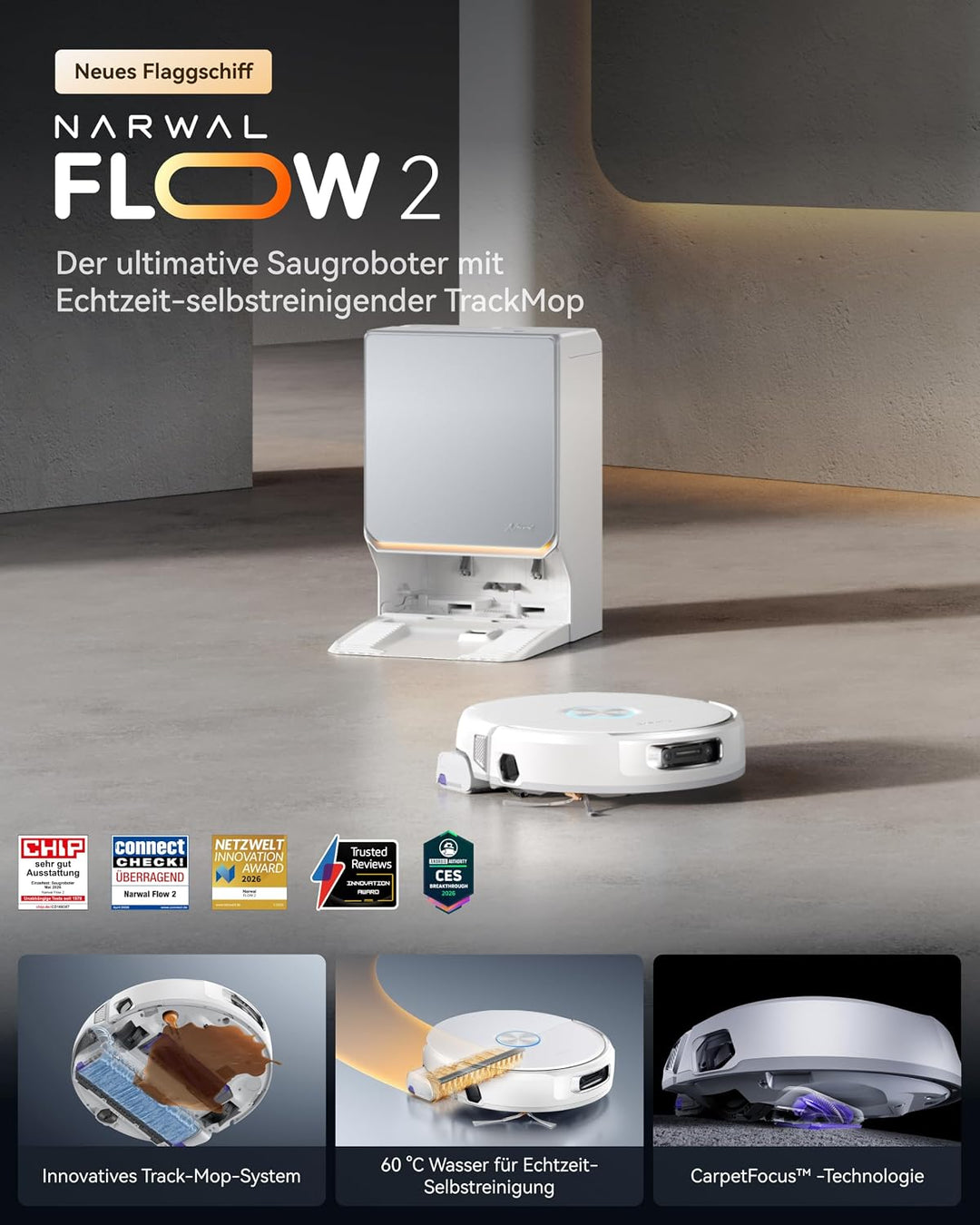 NARWAL Flow 2 Roboter-Saug-Wischroboter，Saugleistung von 31.000 Pa | Kombiniertes Kehren und Wischen