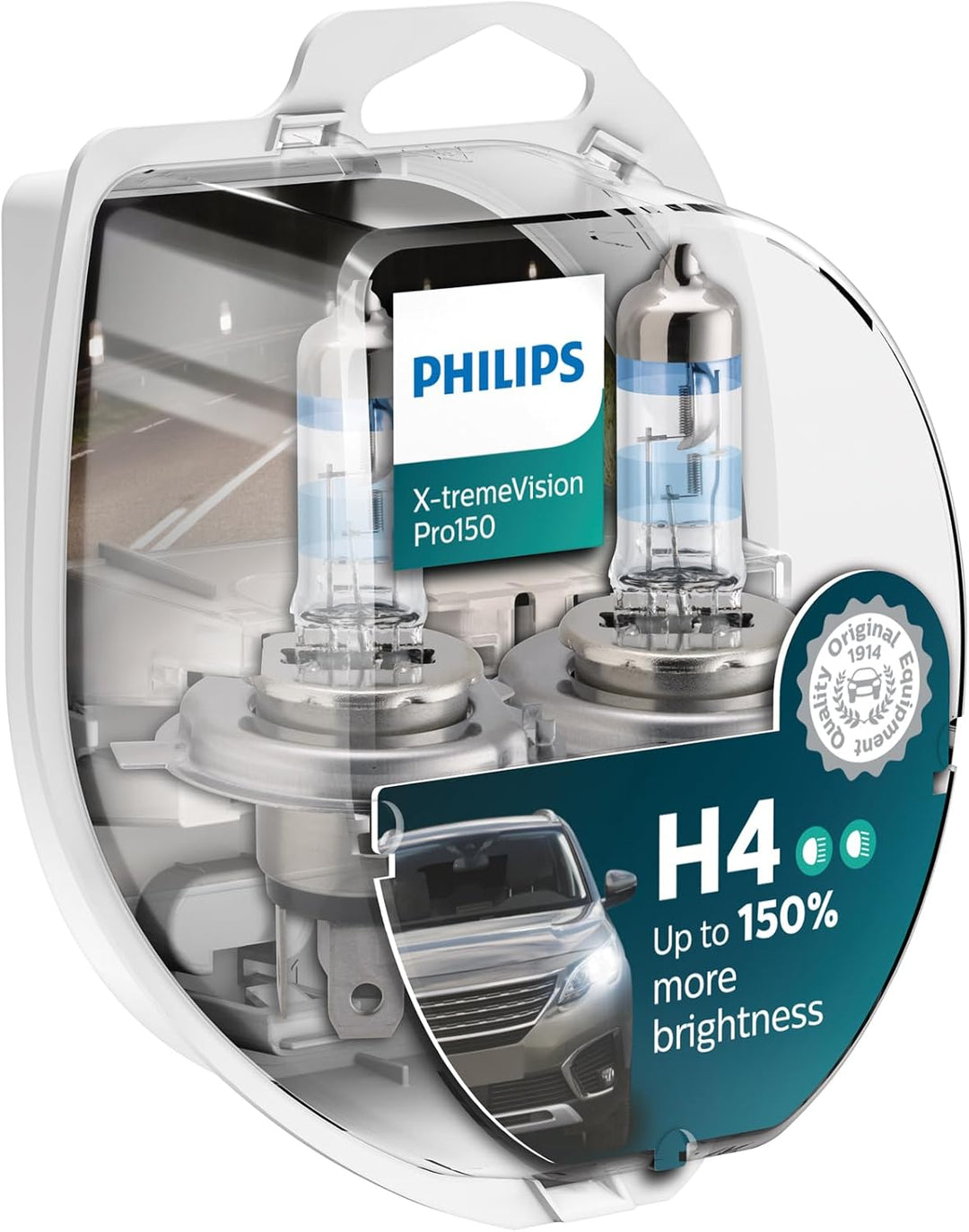 Philips Halogen, X-tremeVision Pro150 H4 Scheinwerferlampe +150%, Doppelset, 567028, Twin box, Weiss