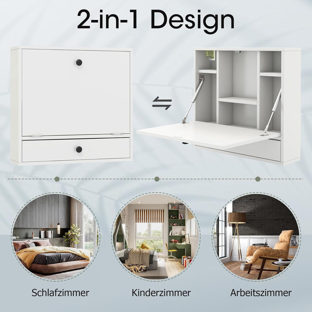 GYMAX Hängeschrank, Wandschrank mit klappbarer Tür, Wandtisch, Klapptisch mit Ablagen & Schublade, W