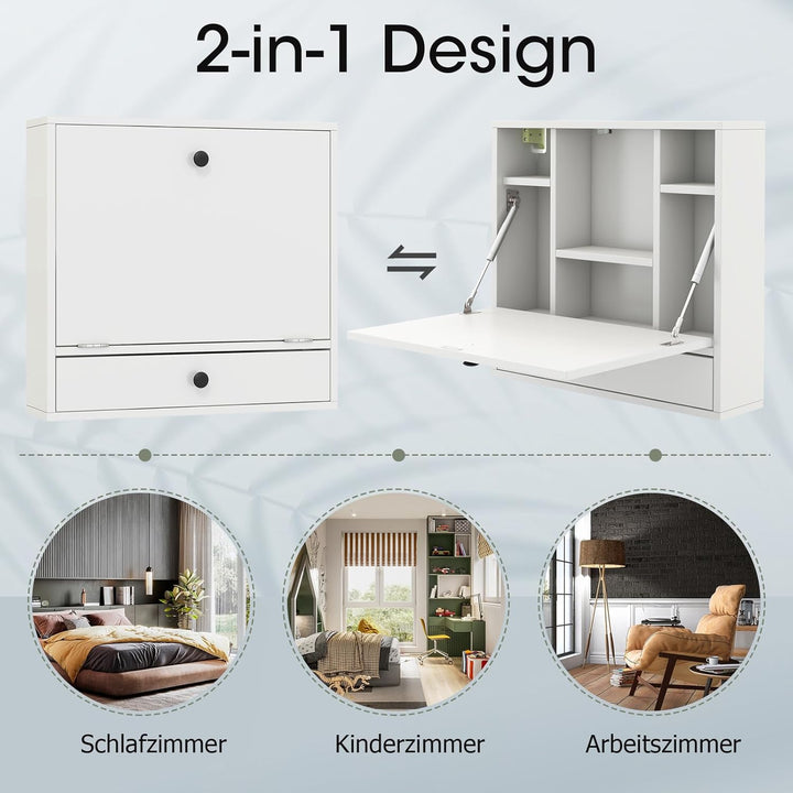 GYMAX Hängeschrank, Wandschrank mit klappbarer Tür, Wandtisch, Klapptisch mit Ablagen & Schublade, W