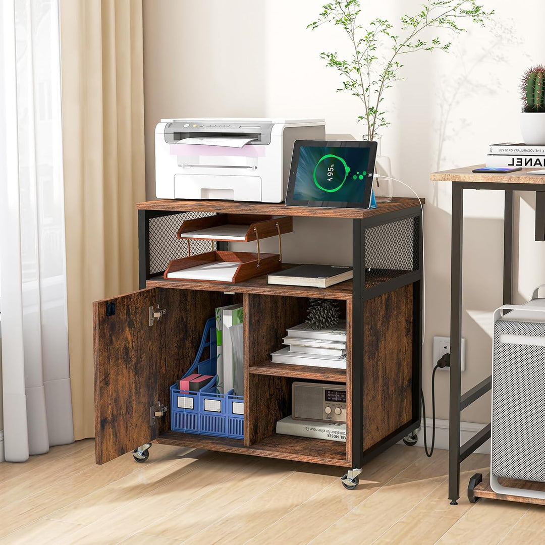 KOMFOTTEU Rollcontainer mit Ladestation, mobiler Aktenschrank mit Schloss & verstellbarem Ablagen, B