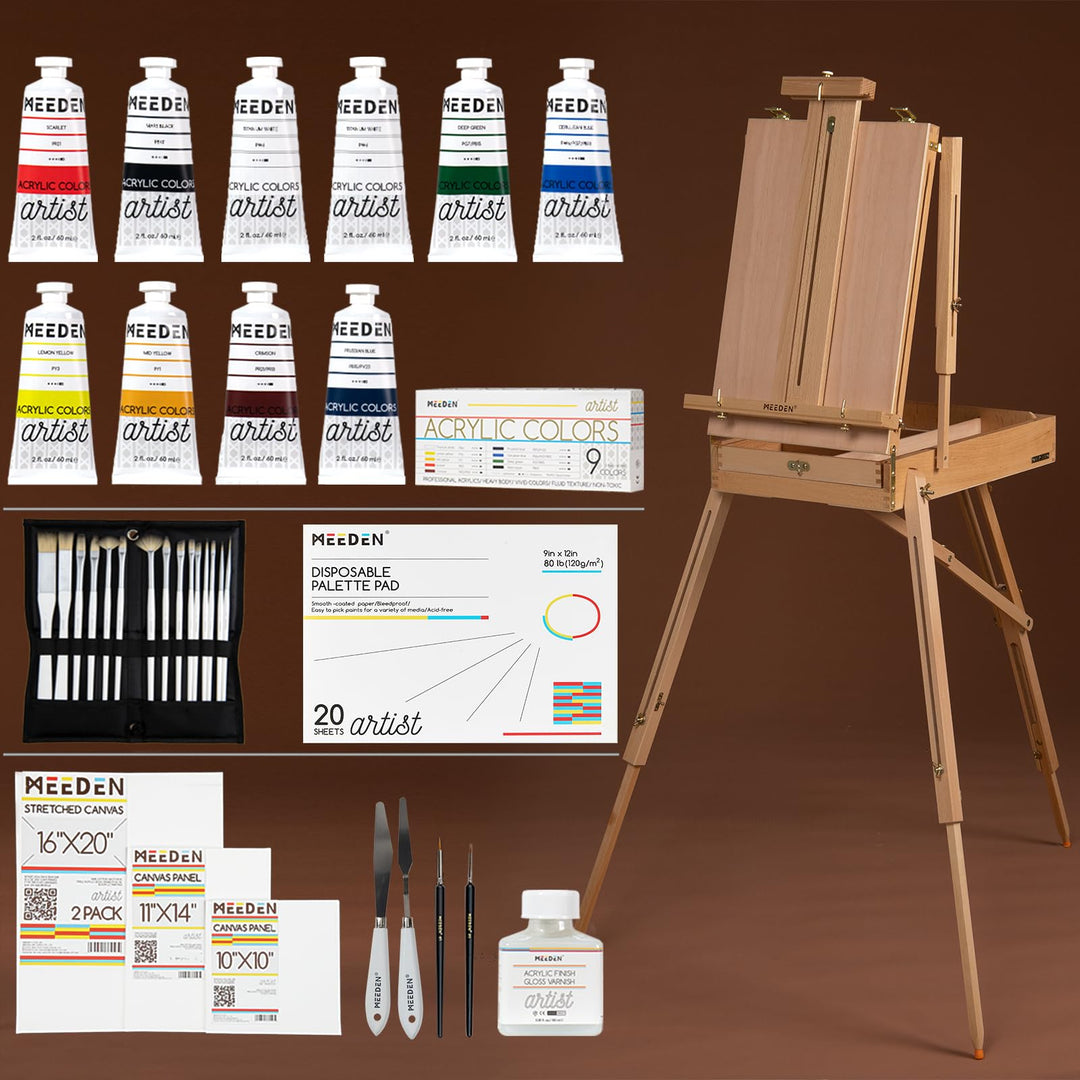 Meeden Staffelei Set, im französischen Sti, 15x100ml Acryl-Farben, Pinsel-Set, Leinwand, gespannte L