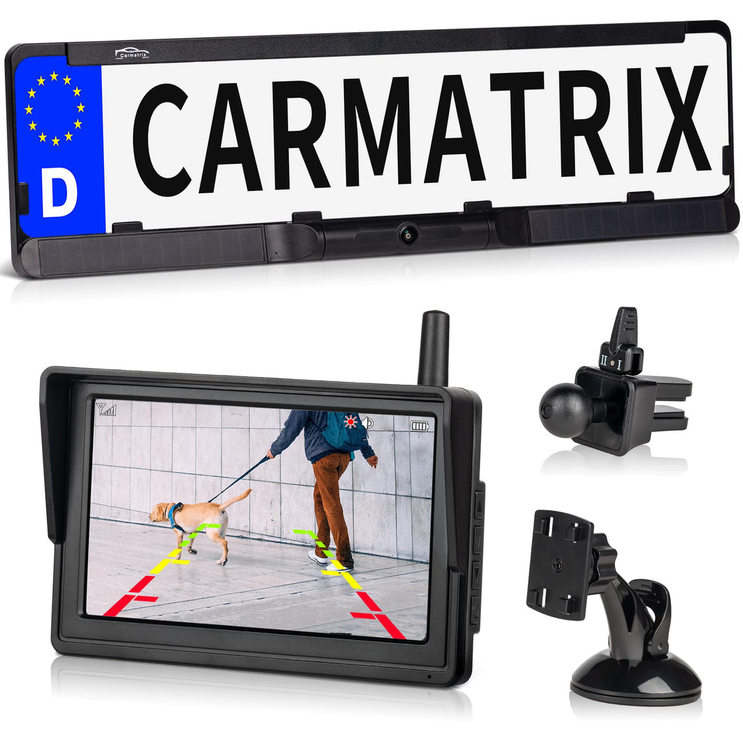 Solar Funk Rückfahrsystem HD Rückfahrkamera im Nummernschild für EU &amp; Österreich mit 5" Monitor Vorn