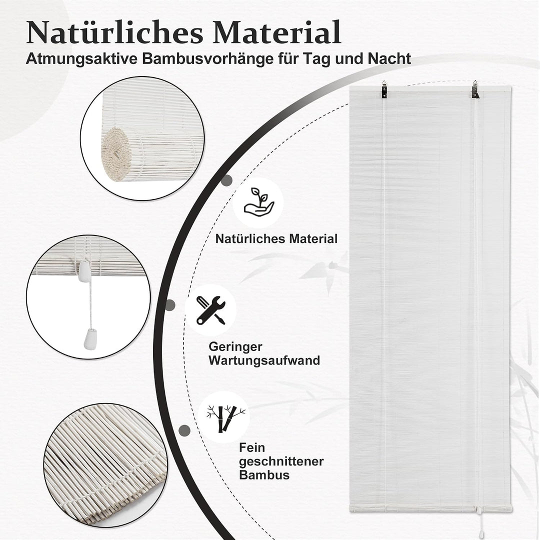 Bambus-Rollo für den Innenbereich, Jalousien aus Holz, Sonnenschutz und Privatsphäre, für Fenster un