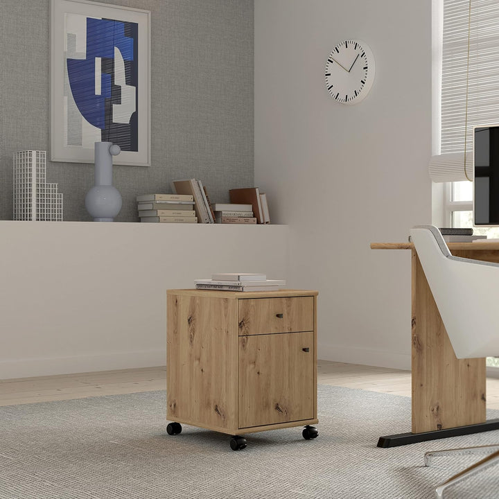 Forte Tempra 2 Rollcontainer mit 1 Tür und 1 Schublade, Holzwerkstoff, Artisan Eiche Dekor, B x H x