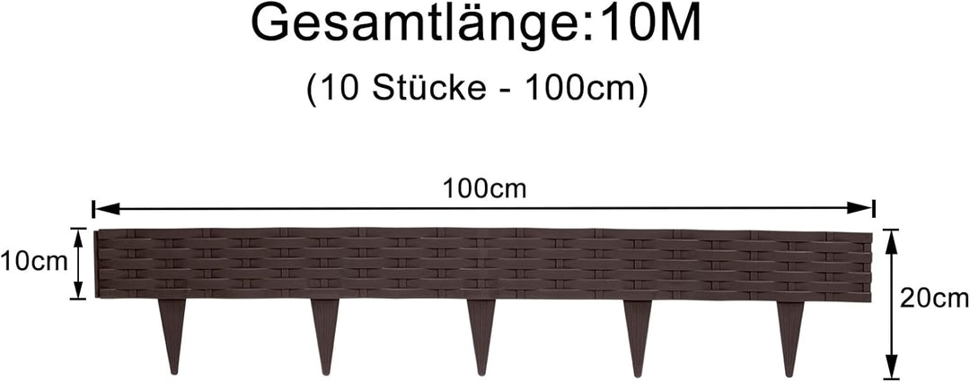 Aufun 10m Rattan Rasenkante Beeteinfassung Kunststoff mit 10 Elemente á 100 cm, Rattan-Optik Design