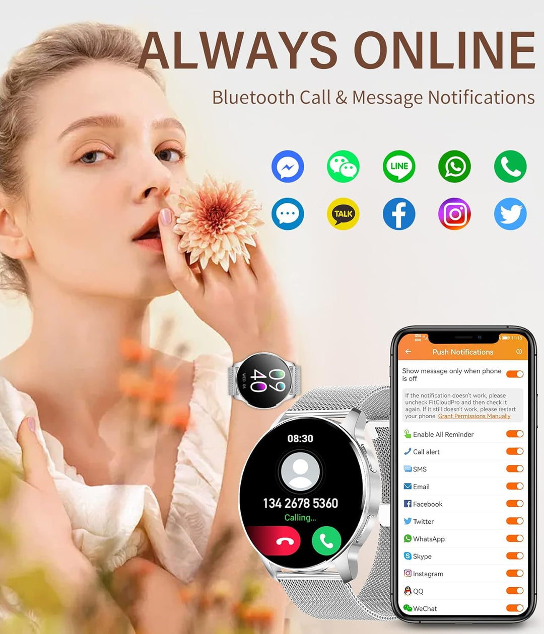 niolina Smartwatch Damen mit Telefonfunktion,1.32 Zoll HD Voll Touchscreen Armbanduhr mit Pulsmesser