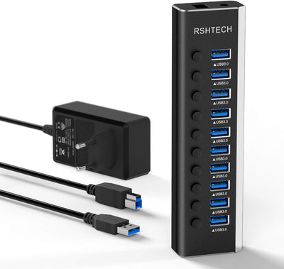 RSHTECH USB Hub Aktiv 3.0 mit 36W (12V / 3A) Netzteil, Aluminium 10 Ports Hub zum Laden und zur Date