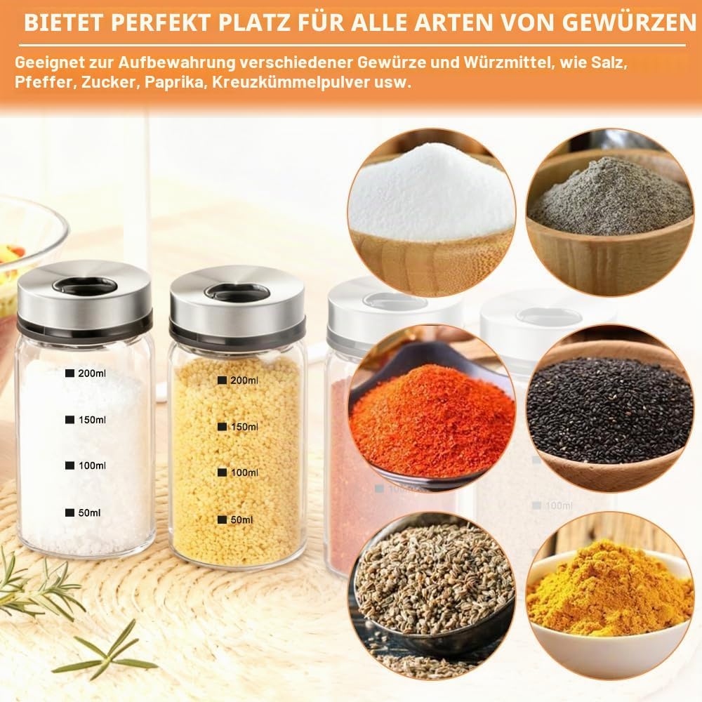 4 Stück Gewürzgläser mit Drehdeckel Salzstreuer 200ml Salz und PfefferstreuerGewürzdosen mit Gewürzl