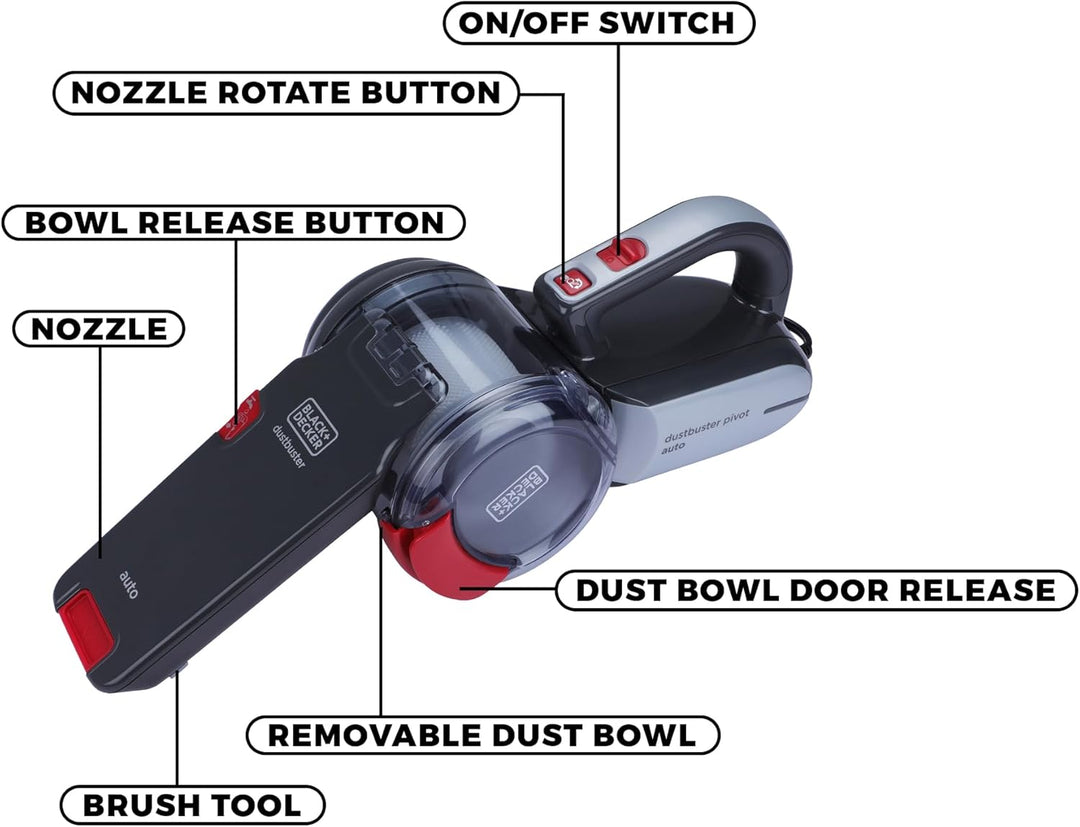 Black &amp; Decker PV1200AV-XJ Autosauger Dustbuster Pivot, Bürstenaufsatz, Fugendüse, flexiblem Saugsch