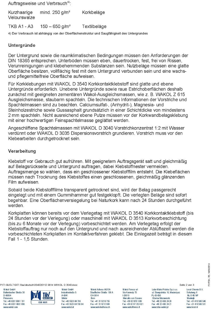 Wakol Kork-Kontaktkleber D 3540 (2.5 kg Eimer) 2.5 Kilogramm, 2.5 Kilogramm