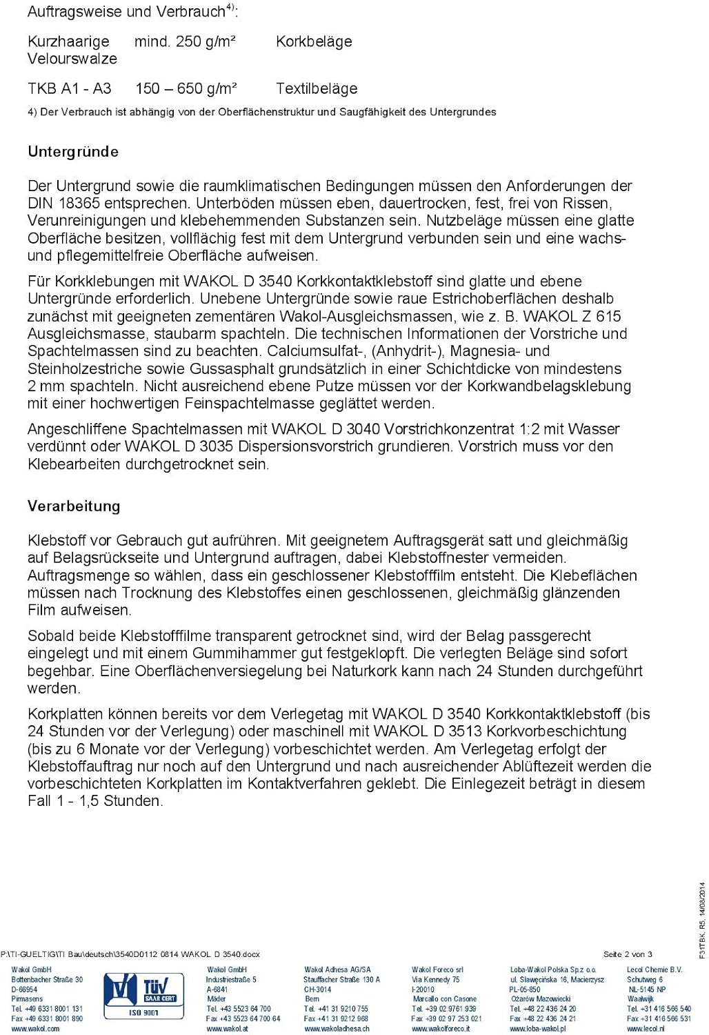 Wakol Kork-Kontaktkleber D 3540 (0.8 Kg Eimer) 0.8 Kilogramm, 0.8 Kilogramm