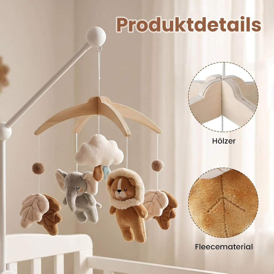 Safari Dschungel Plüsch Baby Mobile,Elefant Löwe und Blätter Holz Handgemachte Windspiel für Babybet