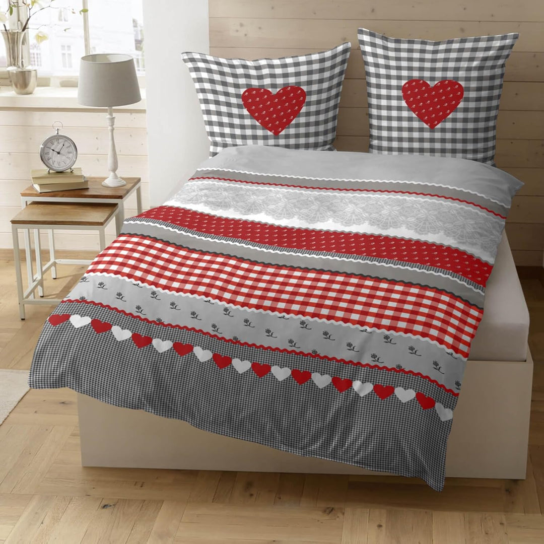 Casatex Biber-Bettwäsche Herz-Karo im Landhausstil 155x220 cm Silber-rot, 155x220 cm Silber
