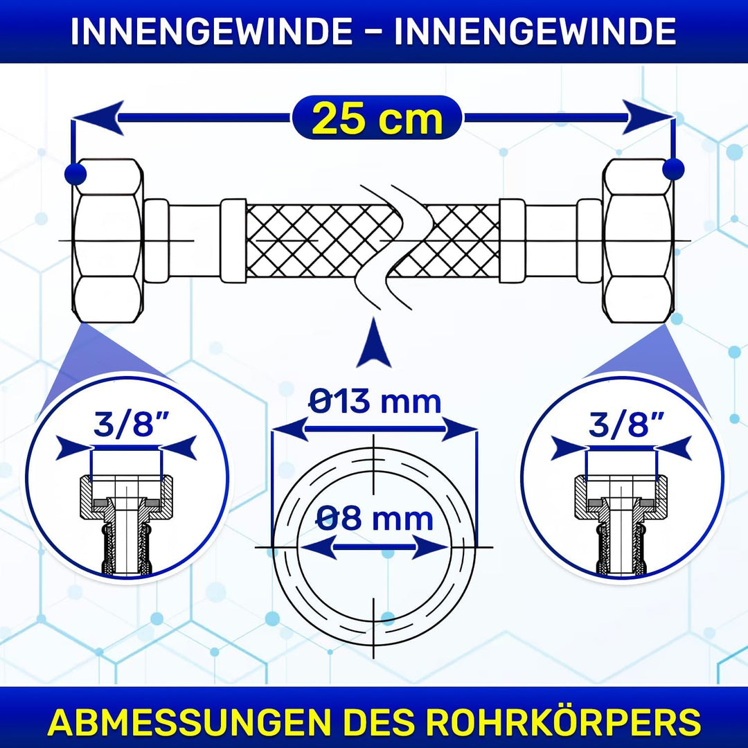 Flexibles Wasseranschluss 25 cm mit Edelstahlgewebe Innengewinde-Innengewinde 3/8” x 3/8” mit einem