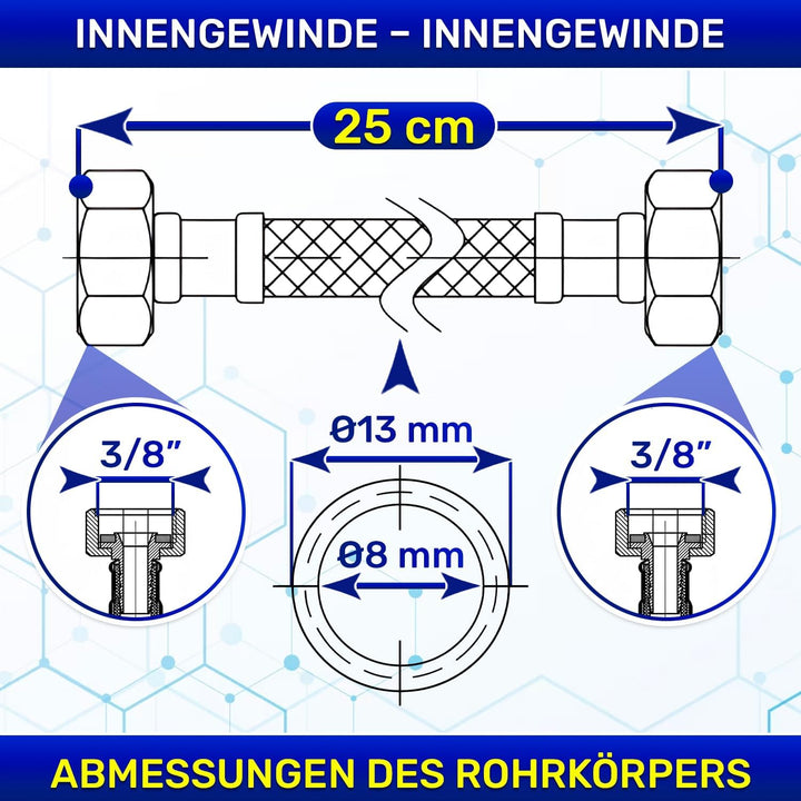 Flexibles Wasseranschluss 25 cm mit Edelstahlgewebe Innengewinde-Innengewinde 3/8” x 3/8” mit einem