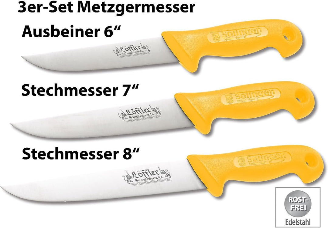 Löffler Schneidewaren Co. Schlachtmesser: 3er-Set Solinger Edelstahl-Metzgermesser, 6, 7 & 8 Zoll (S
