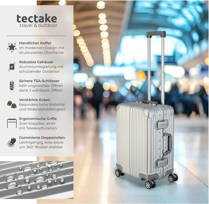 tectake® Alu Handgepäck Koffer 20" 36L Reisekoffer, 2 TSA-Schlösser, Teleskopgriff, 4 leise Rollen,