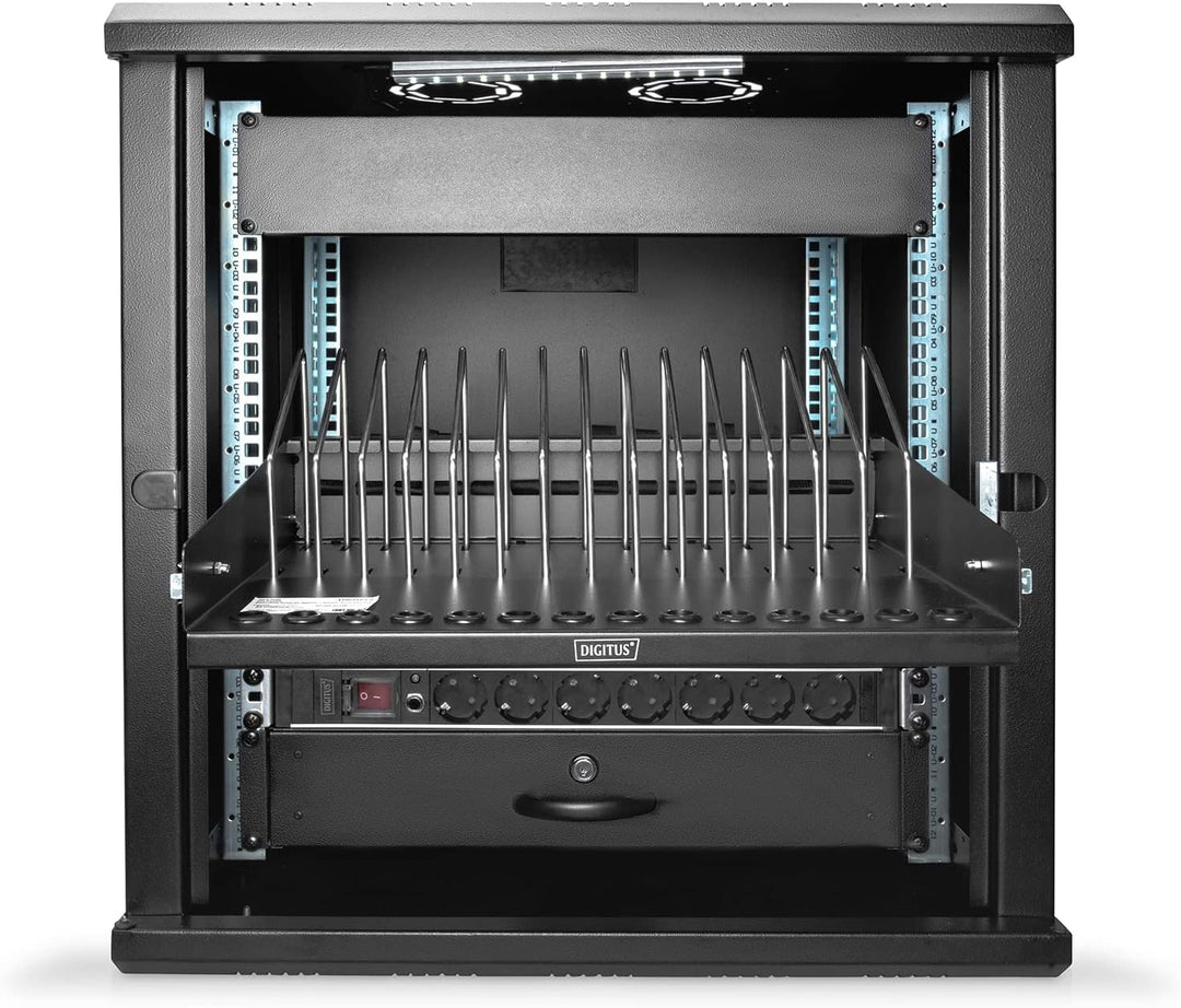 DIGITUS Fachboden 19 Zoll - 4.5 HE - Ausziehbar - Auflade-Station - Für 14 Tablets, Notebooks & Smar