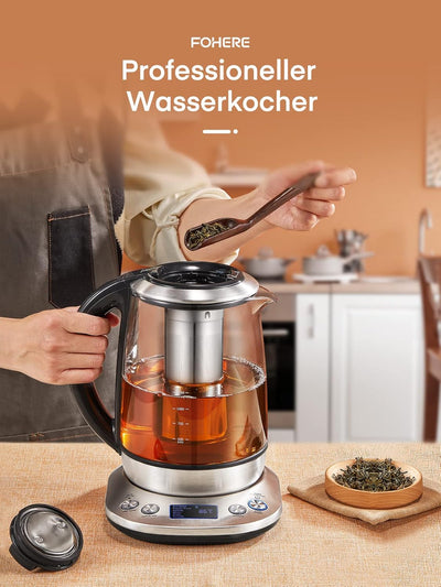 Wasserkocher mit Temperatureinstellung - FOHERE 2200W Wasserkocher Glas - 6 Voreinstellungen - 2 Stu