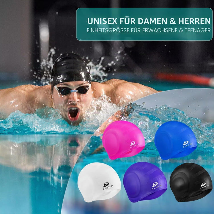 Alepo 2 Pack Unisex Badekappen Damen Herren mit 3D-Ohrenschutz, Schwimmkappe Langlebige Flexible Sil