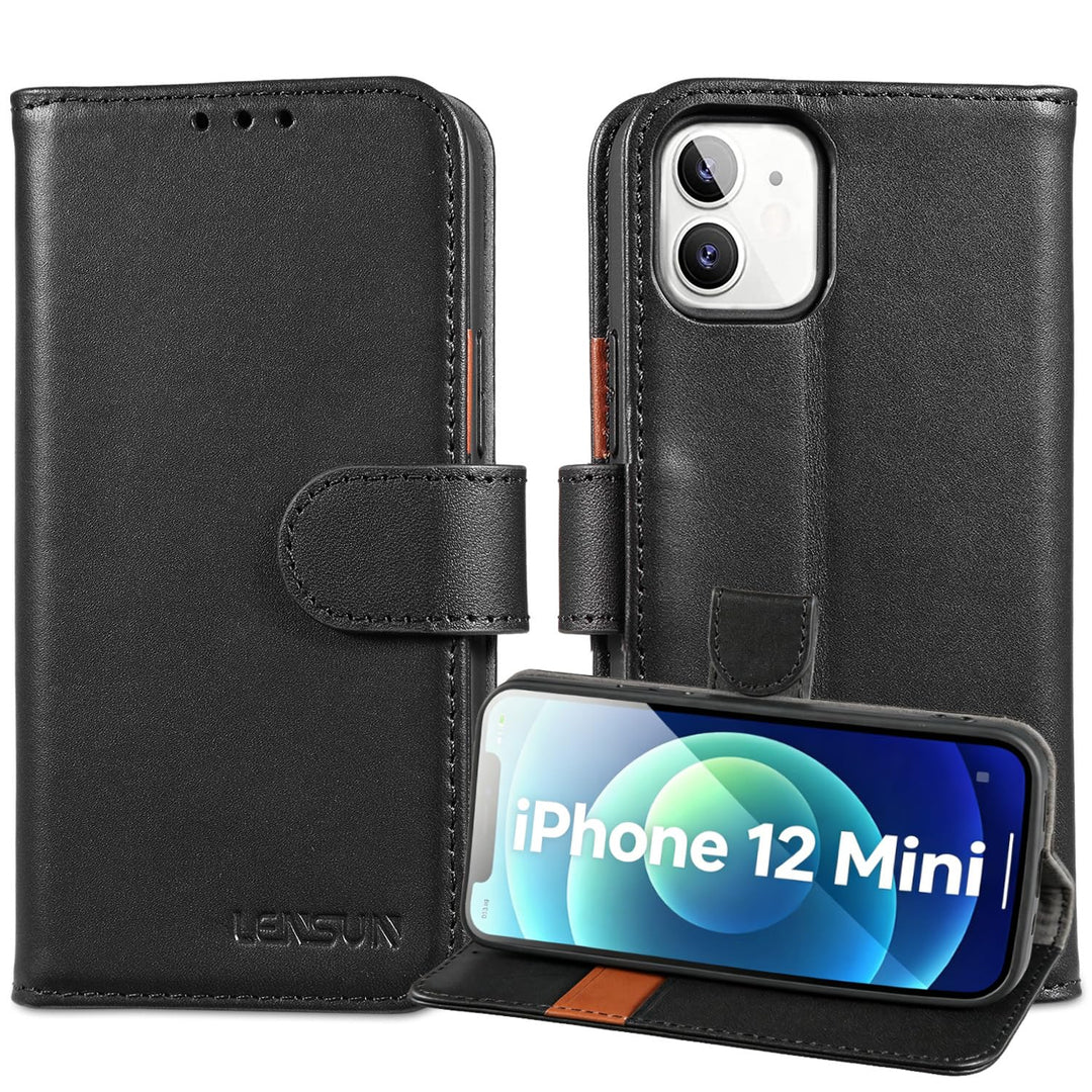 LENSUN Echtleder Hülle für iPhone 12 Mini, Handyhülle [Echtes Leder][Magnetverschluss][RFID Schutz]