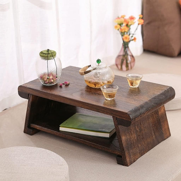 Beistelltisch, Couchtisch 2-stufig mit Ablageregal, Retro japanischer Teetisch, Tatami-Tisch für Woh