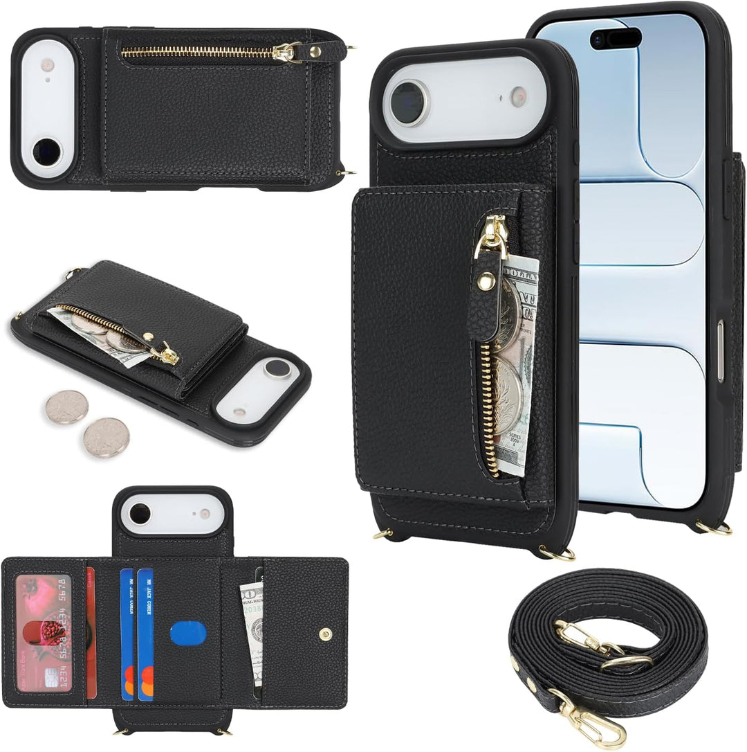 ELTEKER Handyhülle für iPhone Air Hülle mit Band, Kartenfach Reissverschluss Geldbörse, Handy-Umhäng