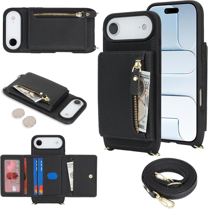 ELTEKER Handyhülle für iPhone Air Hülle mit Band, Kartenfach Reissverschluss Geldbörse, Handy-Umhäng