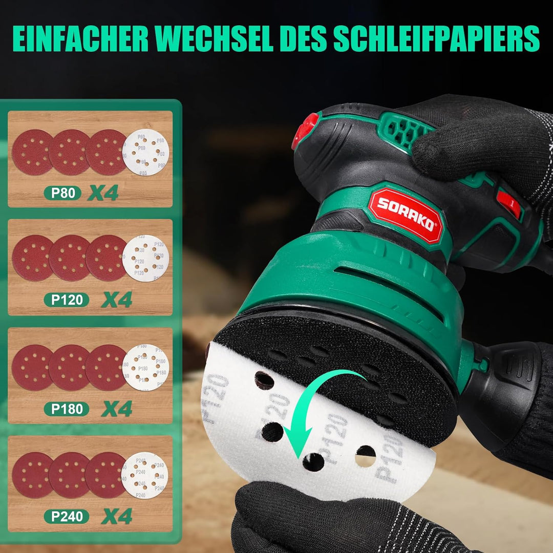 SORAKO Exzenterschleifer 350W 125MM - 6 Geschwindigkeiten,16 Schleifpapiere inklusive, mit Staubsamm