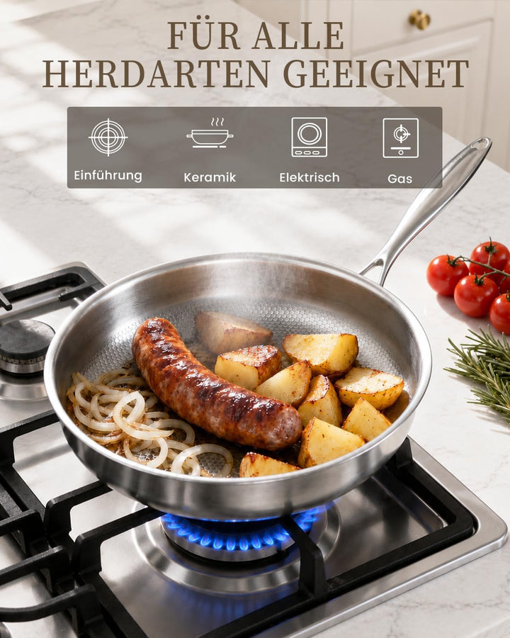 30cm Edelstahlpfanne Induktion, Titan Pfanne, 5-Lagige Konstruktion | Edelstahl 18/10, Fischschuppen