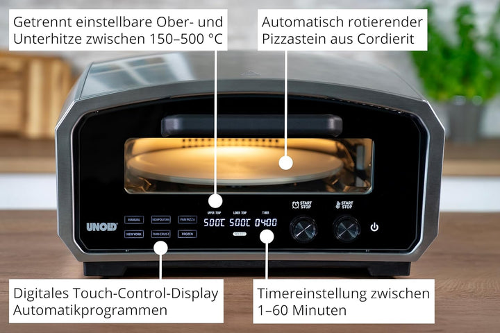 Unold 68916 Pizzaofen Enzo elektrisch rotierender Pizzastein 33cm ca. 500 °C 6 Programme für innen u