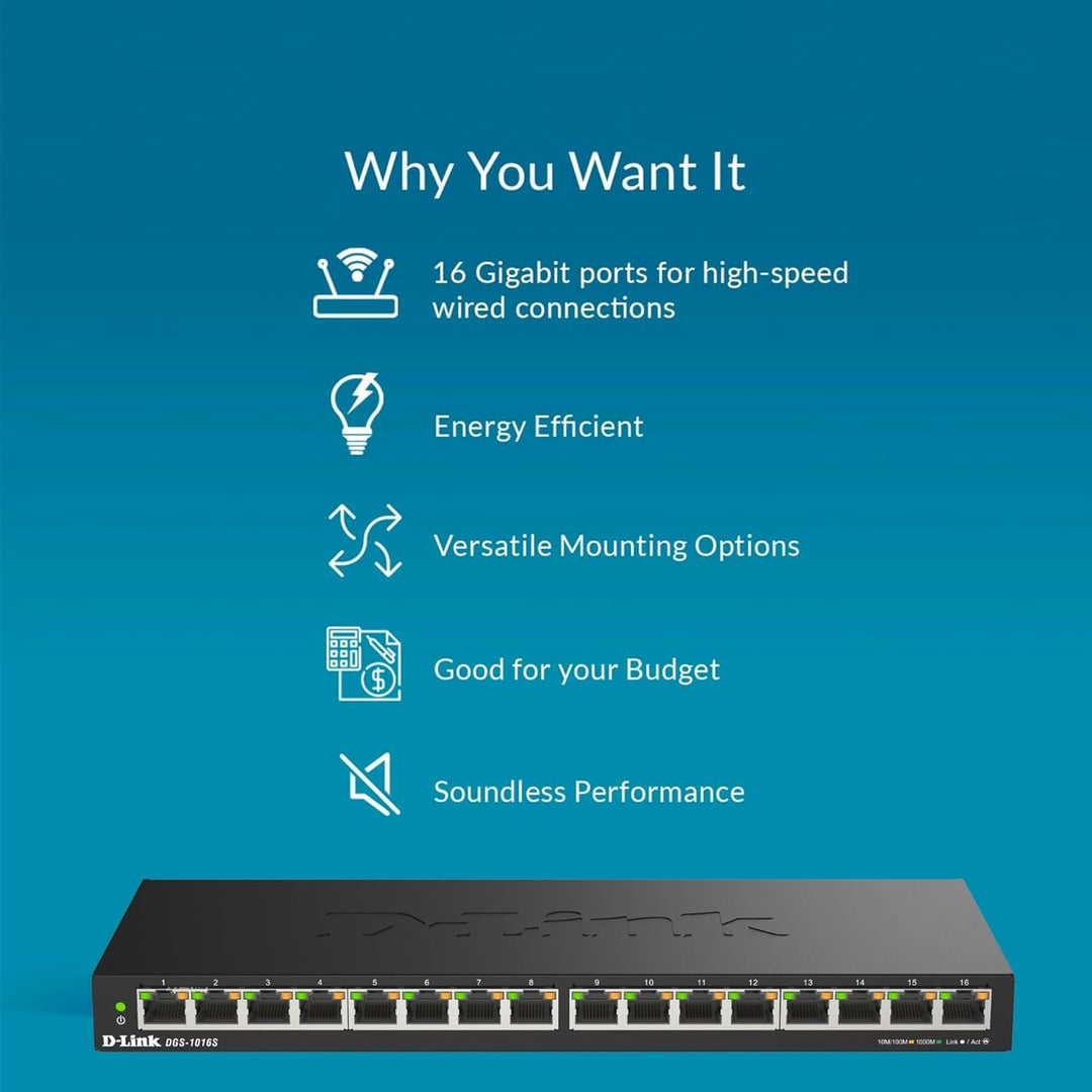 D-Link DGS-1016S 16-Port Unmanaged Gigabit Switch (ohne Lüfter, Low Profile Metallgehäuse, Desktop /