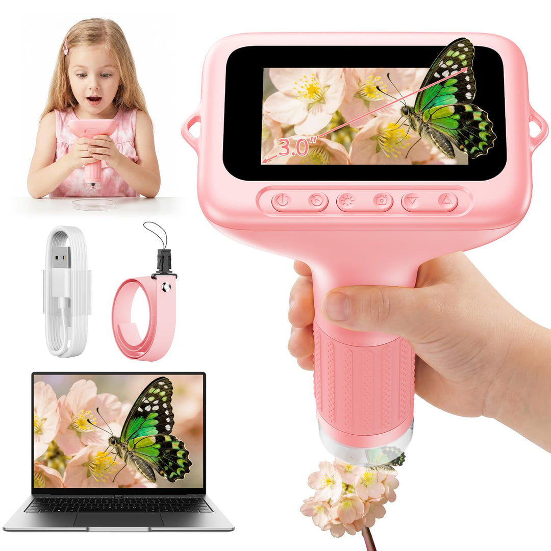 Digitales Mikroskop für Kinder 1000x Vergrösserung, Tragbares Mikroskop Kinder mit 3,0 Zoll HD Bilds