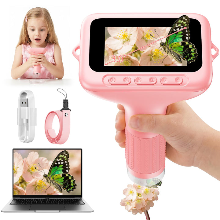 Digitales Mikroskop für Kinder 1000x Vergrösserung, Tragbares Mikroskop Kinder mit 3,0 Zoll HD Bilds