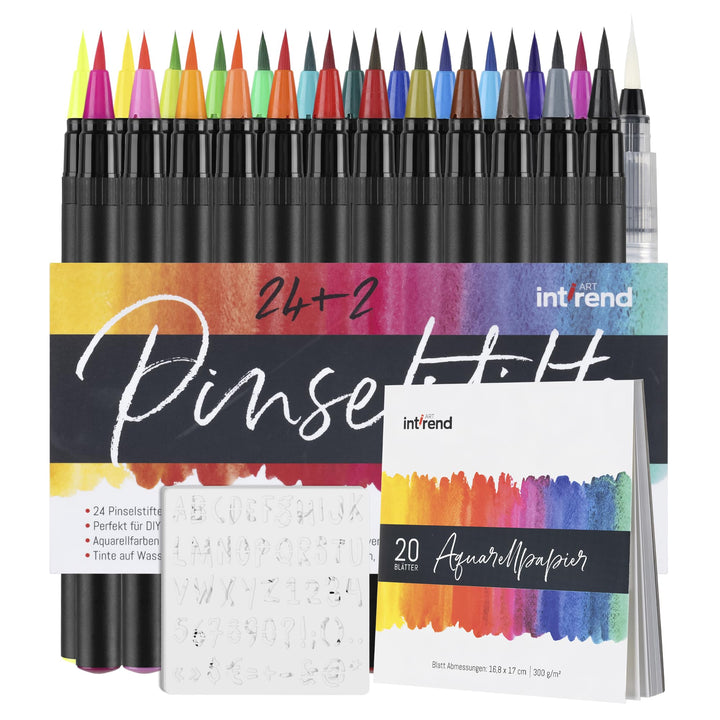 int!rend Brush Pen Set - 24 Aquarellstifte, 2 Wasserpinselstifte, 20 Blätter Aquarellpapier, 5 Schab