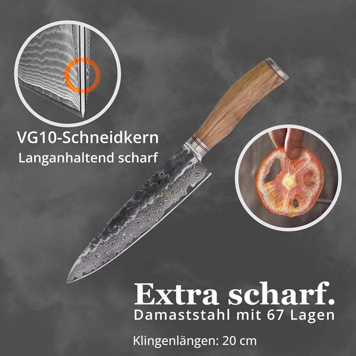 Wakoli Olive HS Kochmesser aus echtem Damaststahl (VG10 Kern) mit 20 cm Klinge – Scharf & ausbalanci