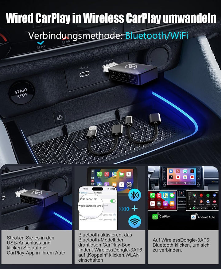 Robofun Carplay Wireless Adapter, Car Connect Pro Car Play kabellos, Plug and Play, Bluetooth 5.0, S