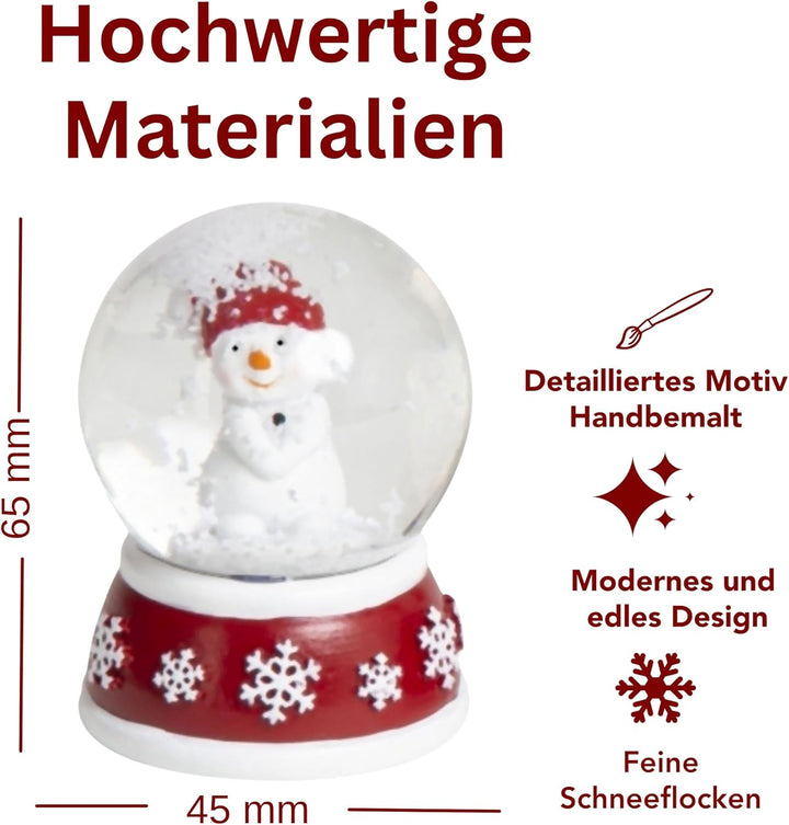 4 x süsse Mini-Schneekugeln Nostalgie | Weihnachtsmann Schneemann auf Sockel rot Gold | Winterschal