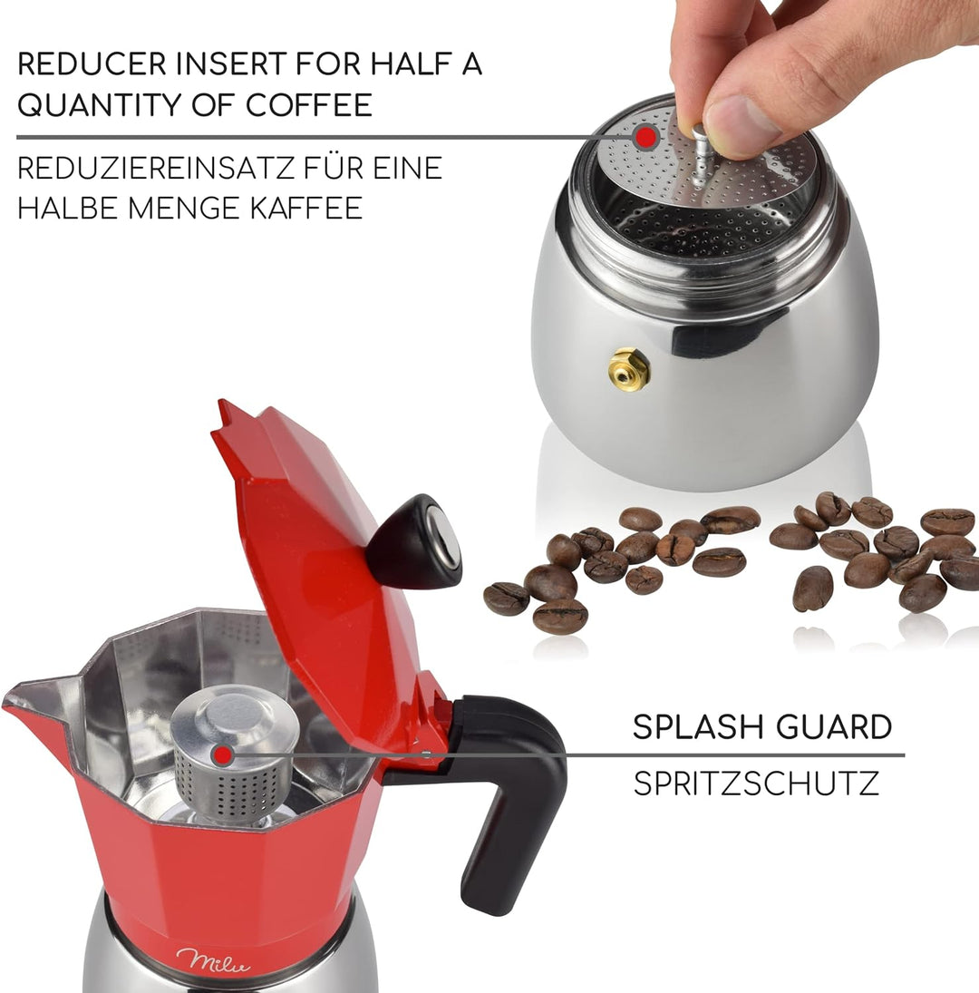 Milu Espressokocher Induktion geeignet | 3, 6, 9 Tassen | Aluminium Mokkakanne, Edelstahl Espressoka