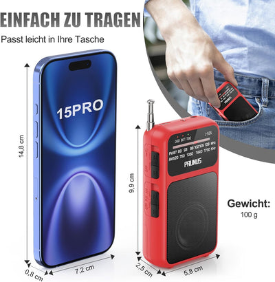 PRUNUS J-555 AM/FM/UKW Radio Klein, Kleines Radio mit Akku, USB-C-Laden, Mini Radio Batteriebetriebe
