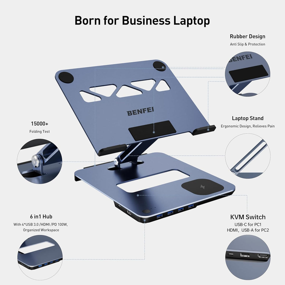 BENFEI Aluminium Laptop Ständer mit USB C 6in1 Dockingstation,15W Mag-Safe Ladegerät Magnetisches, U