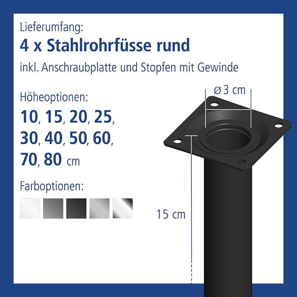 Element System 4 Stück Stahlrohrfüsse rund, Tischbeine, Möbelfüsse inklusive Anschraubplatte, Länge