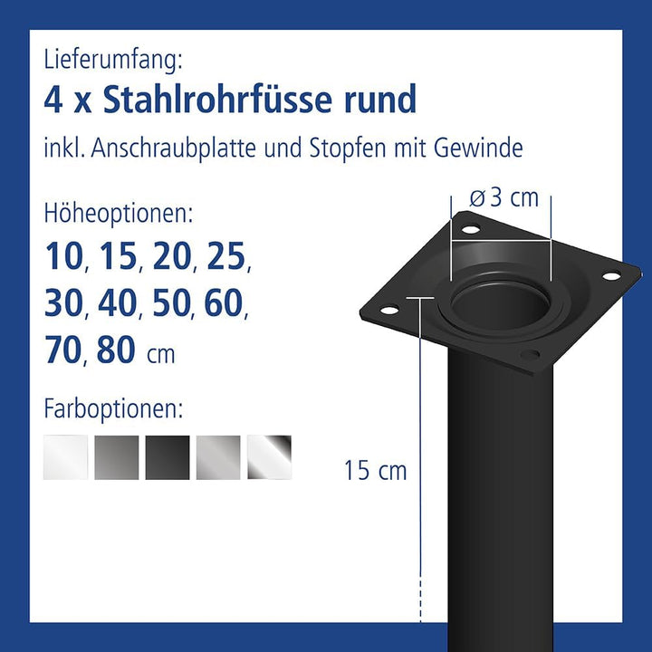 Element System 4 Stück Stahlrohrfüsse rund, Tischbeine, Möbelfüsse inklusive Anschraubplatte, Länge