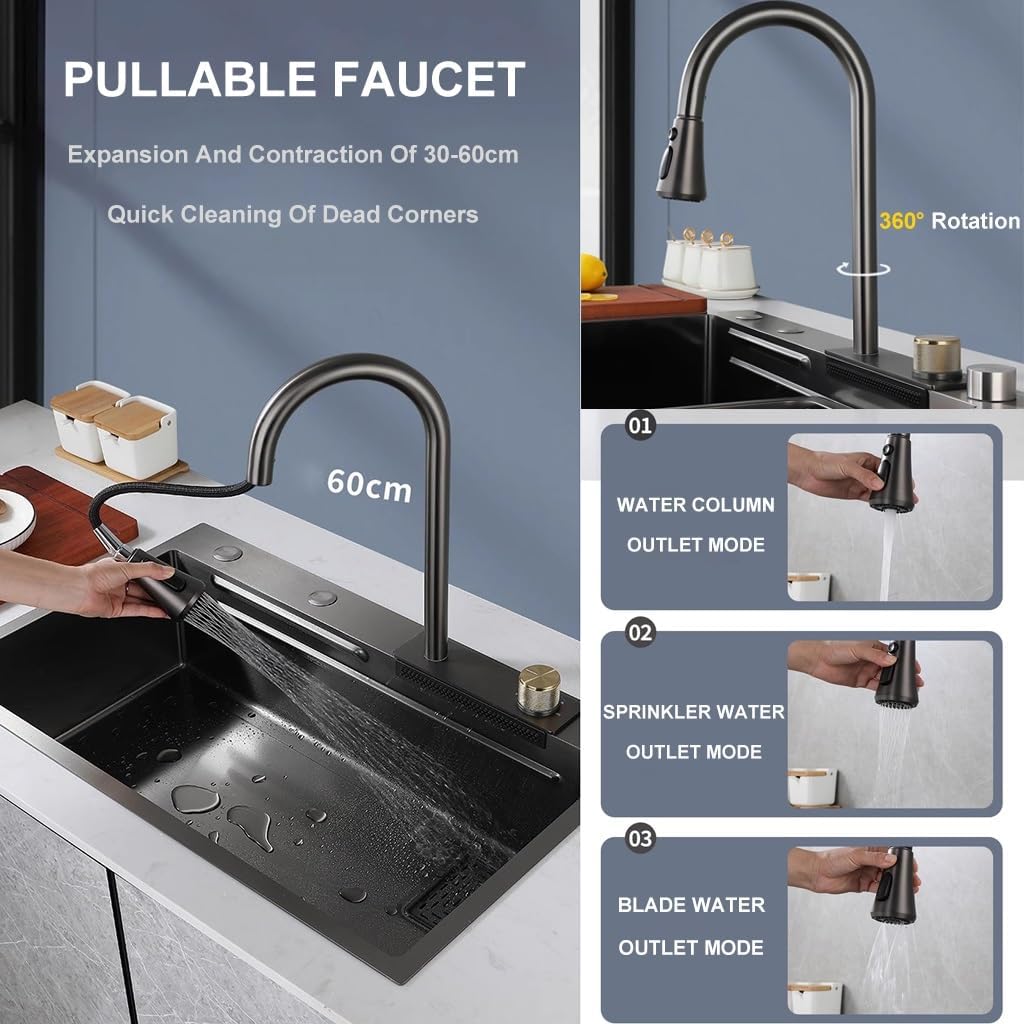 Schwarze Nano-Küchenspüle Edelstahl Wasserfallspüle Set Nanobeschichtete Arbeitsplatzspüle mit herau