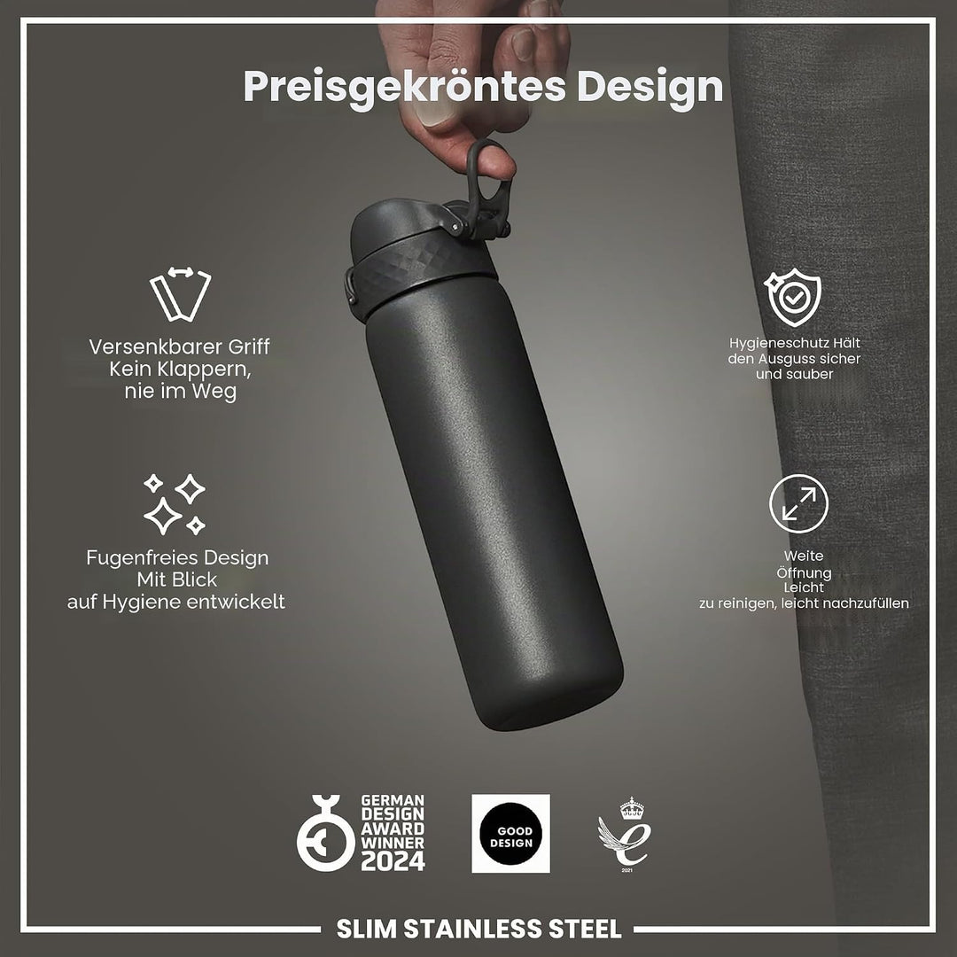 Ion8 Stahl-Trinkflasche, 600 ml, Auslaufsicher, Einhandöffnung, Sichere Verriegelung, Spülmaschinenf