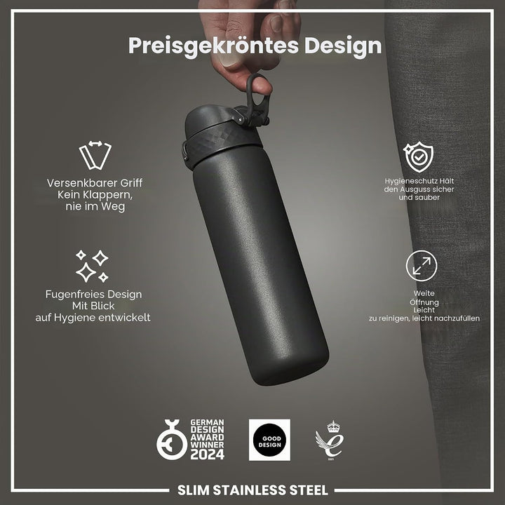 Ion8 Stahl-Trinkflasche, 600 ml, Auslaufsicher, Einhandöffnung, Sichere Verriegelung, Spülmaschinenf