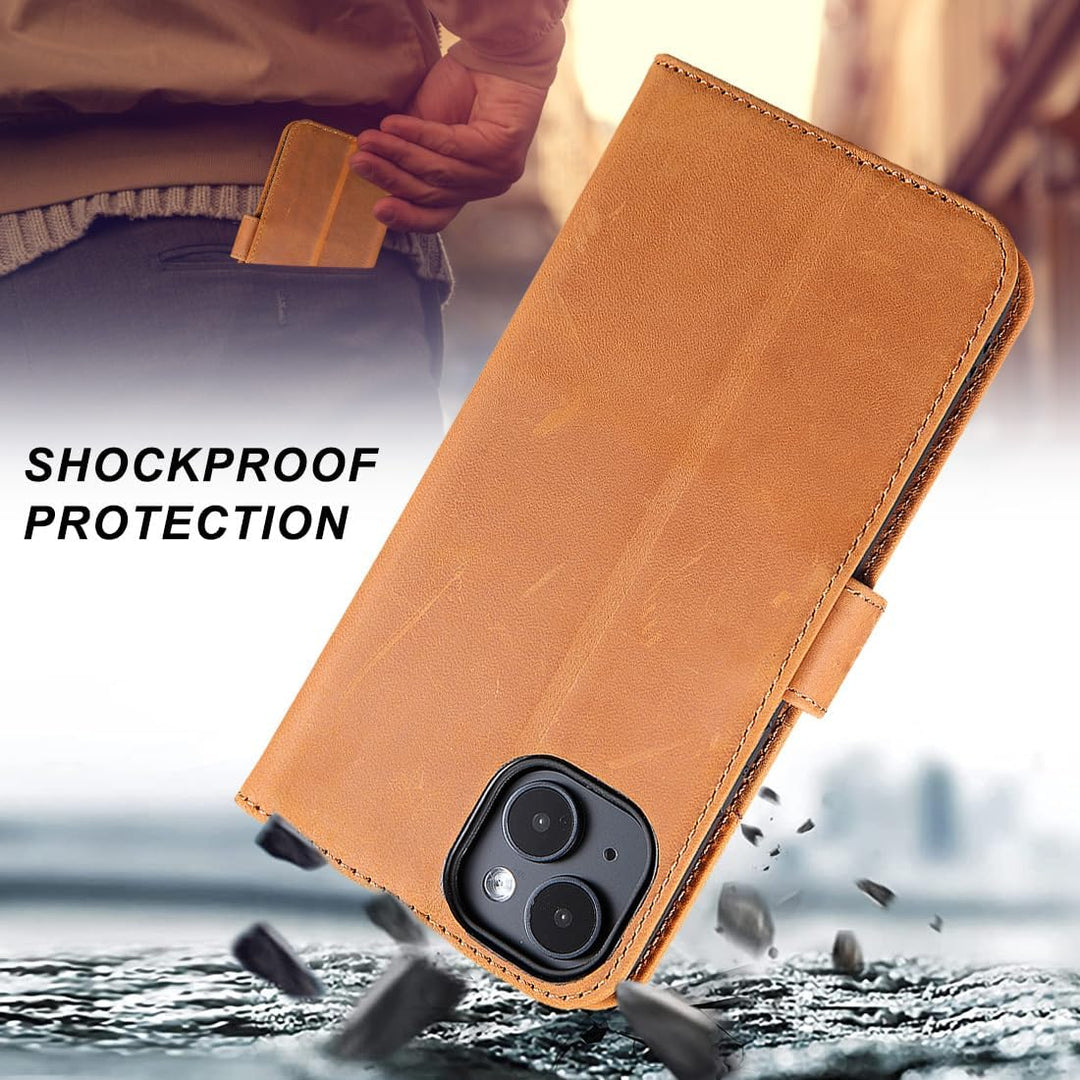 LENSUN Echtleder Hülle für iPhone 15 Plus, Handyhülle [Premium Echtes Leder][Magnetverschluss][RFID