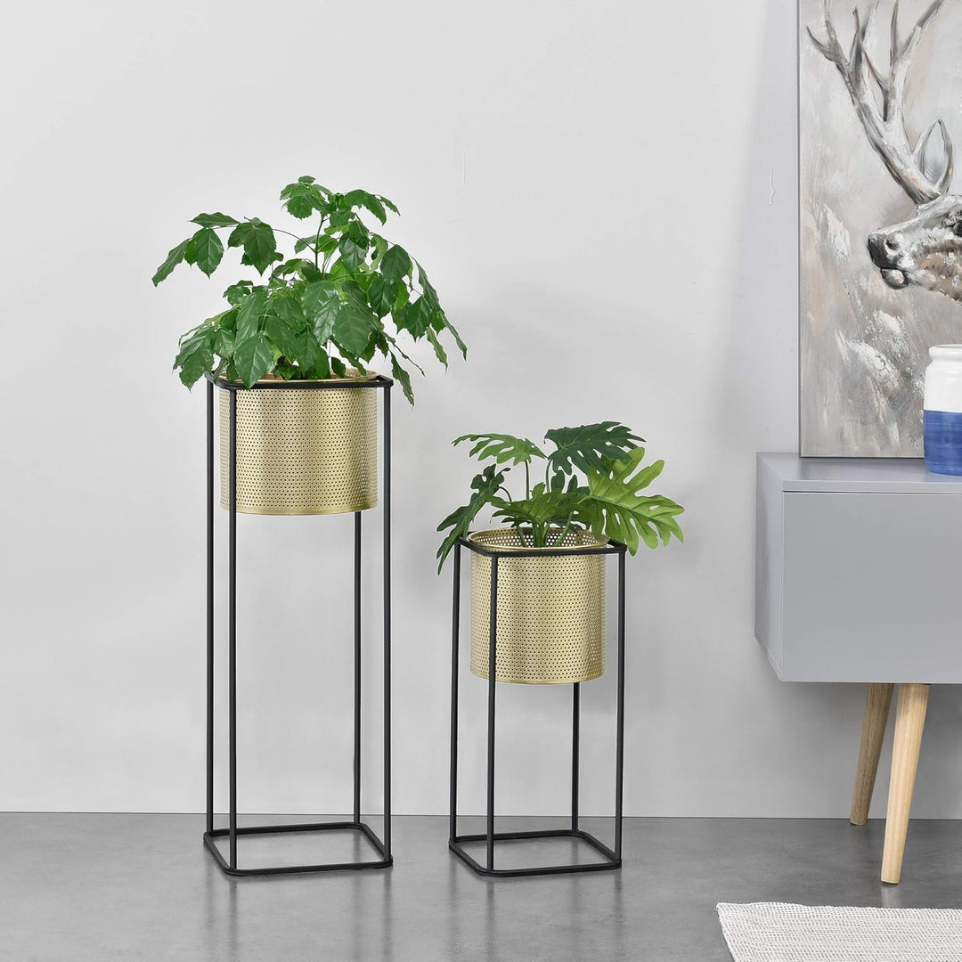 [en.casa] Blumentopf Ständer Blumenständer Blumentopfhalter Pflanztopf Deko 2-TLG. Schwarz-Goldfarbe
